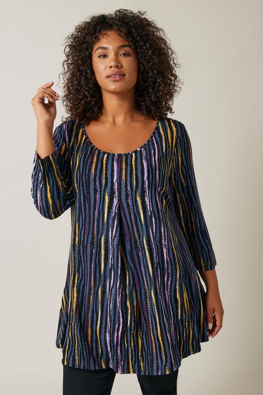 Plus Size  Blue Stripe Print Pleat Front Tunic Top