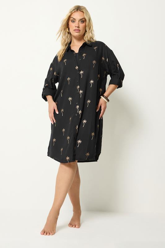  YOURS Hemdkleid in Schwarz und Gold mit Palmenprint