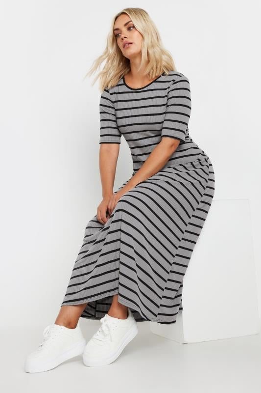 Plus Size  YOURS Curve Grey Stripe Ribbed Maxi Dress