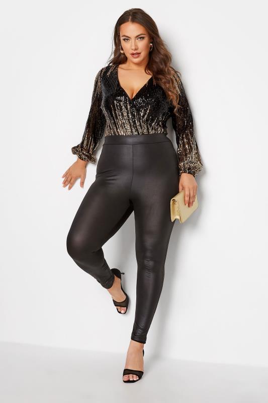 YOURS LONDON Plus Size Black & Gold Sequin Embellished Wrap Bodysuit | Yours Clothing 2