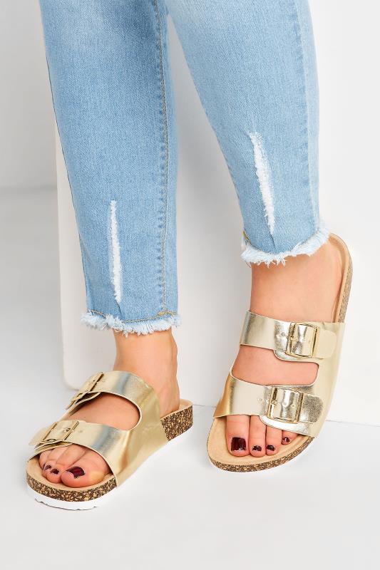 Gold Buckle Strap Footbed Sandals In Wide & Extra Wide Fit | Yours Clothing 1