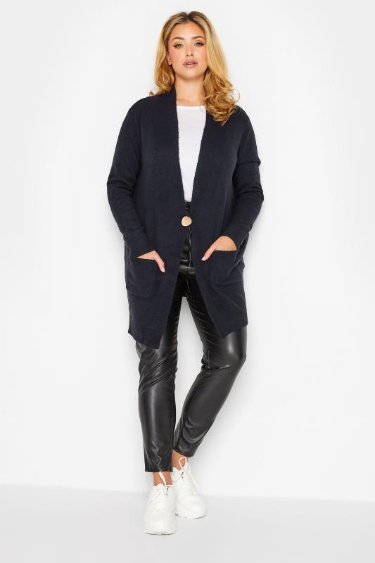 Curve Plus Size Womens Navy Blue Button Detail Knitted Cardigan | Yours Clothing  2