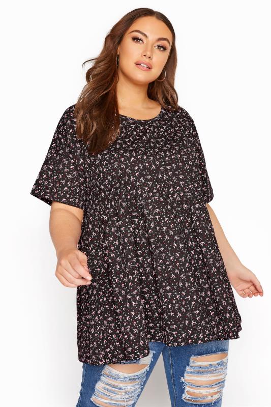 Plus Size  Black Floral Drop Shoulder Peplum Tunic