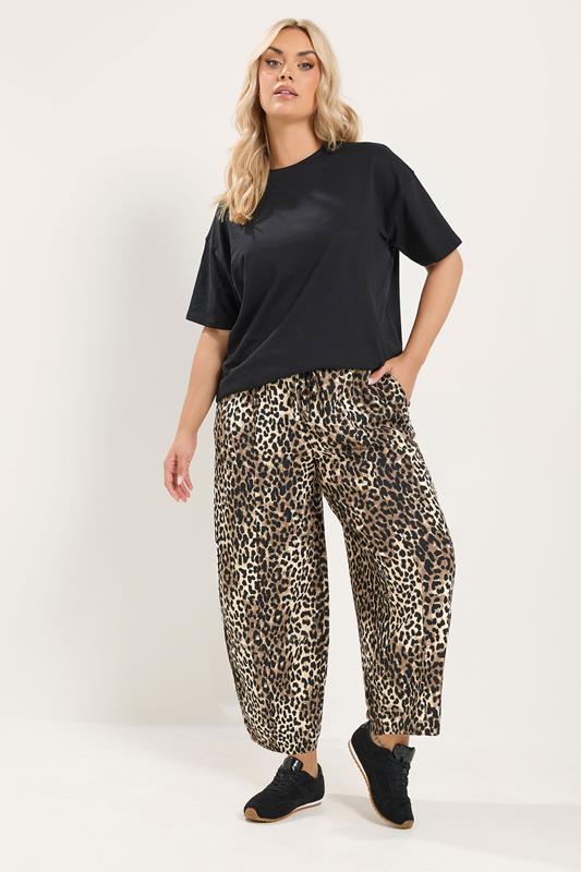  YOURS Curve zwarte barrel broek van kreukstof met luipaardprint
