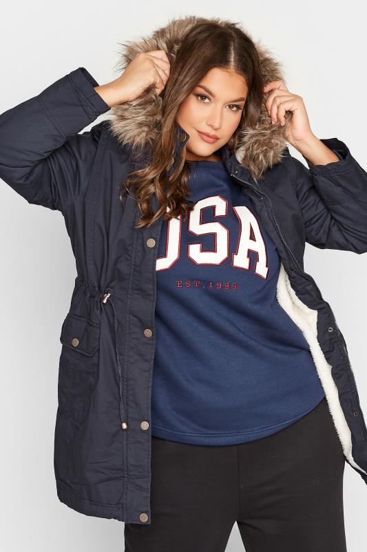 Plus Size Navy Blue Faux Fur Lined Hooded Parka | Yours Clothing 1