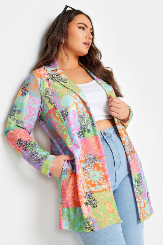 LIMITED COLLECTION Plus Size Green & Orange Scarf Print Blazer | Yours Clothing 1