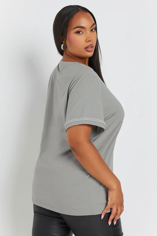 YOURS Plus Size Grey Pearl Trim T-Shirt | Yours Clothing 3