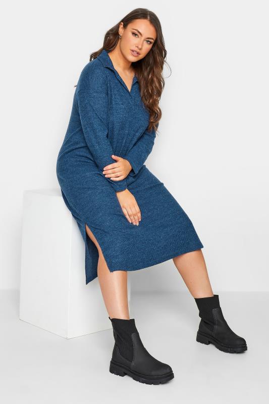Plus Size Blue Soft Touch Open Collar Midi Dress | Yours Clothing  2
