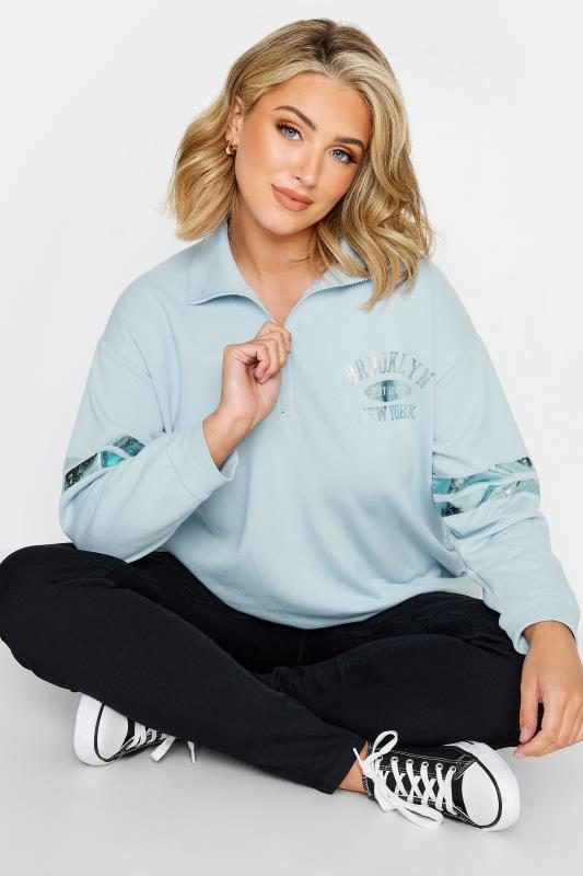 YOURS Plus Size Light Blue 'Brooklyn' Varsity Half Zip Sweatshirt | Yours Clothing 4