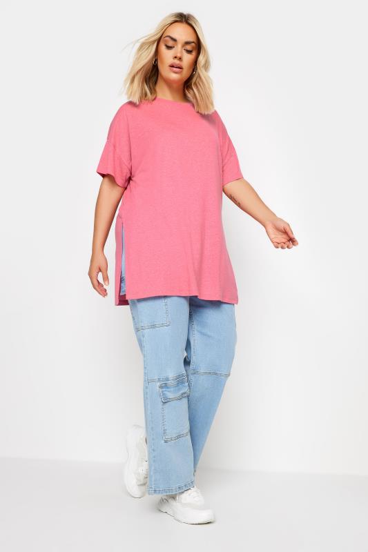 YOURS Plus Size Pink Oversized Linen T-Shirt | Yours Clothing 2