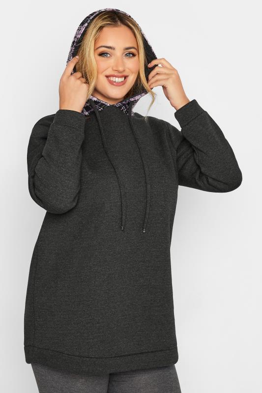 Plus Size Charcoal Grey & Purple Check Hoodie | Yours Clothing  4