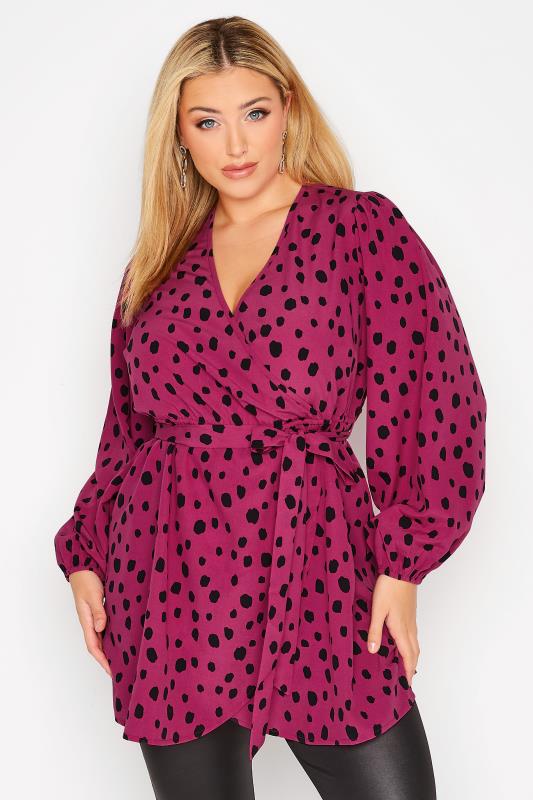  Grande Taille YOURS Curve Dark Pink Dalmatian Print Wrap Top