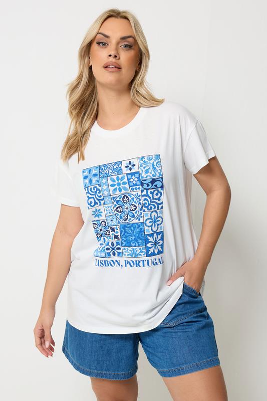  YOURS camisa blanca y azul con estampado «Lisbon Portugal»