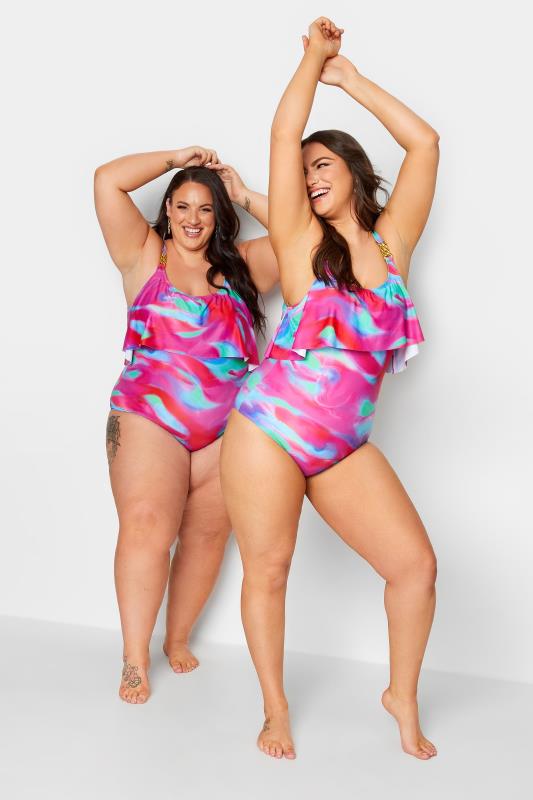 YOURS CurvePink Swirl Print Frill Chain Tummy Control Swimsuit | Yours Clothing 6