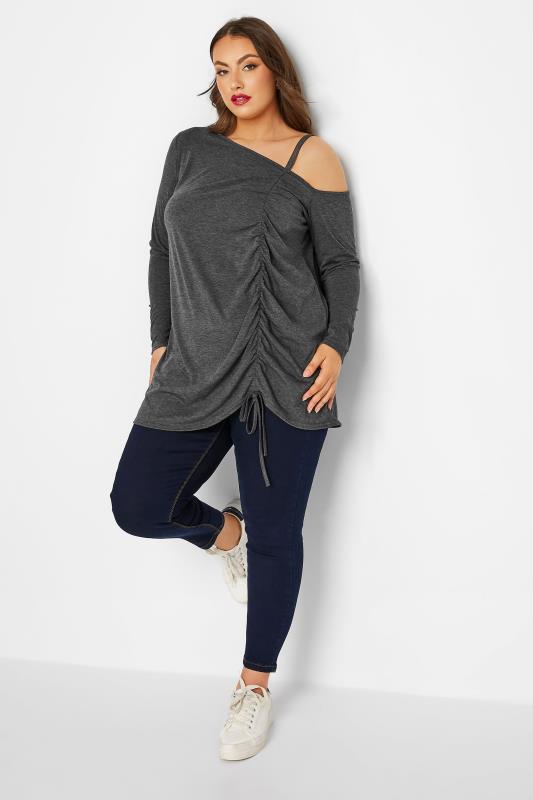 LIMITED COLLECTION Plus Size Charcoal Grey Ruched One Shoulder Top | Yours Clothing 2