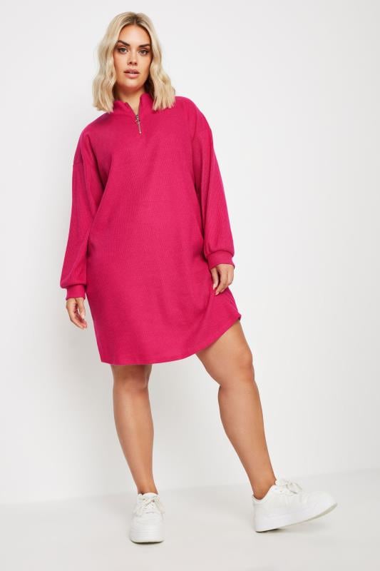  Tallas Grandes YOURS Curve Pink Ribbed Quarter Zip Jumper Dress