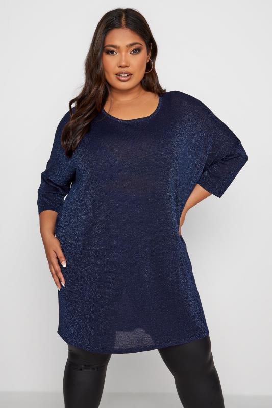 Plus Size  Blue Glitter Drop Shoulder Knitted Top