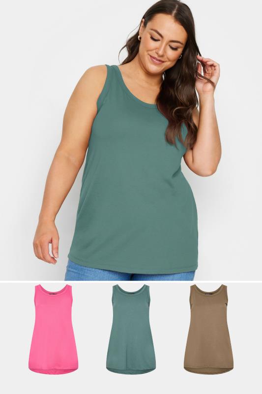YOURS Plus Size 3 PACK Pink & Blue Vest Tops | Yours Clothing 1