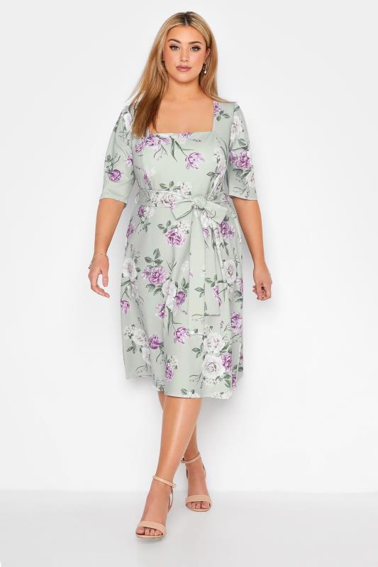 YOURS LONDON Curve Sage Green Floral Square Neck Dress_A.jpg
