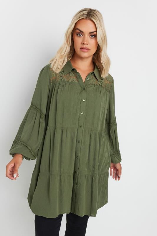 YOURS Plus Size Khaki Green Tiered Lace Shirt | Yours Clothing  1