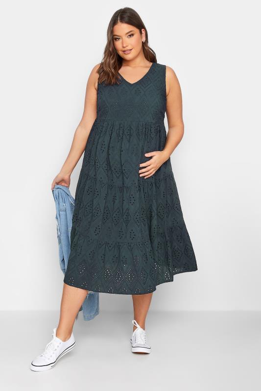 BUMP IT UP MATERNITY Plus Size Curve Navy Blue Tiered Broderie Dress | Yours Clothing  2