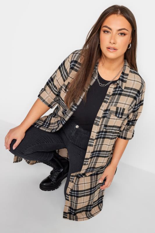 YOURS Plus Size Beige Brown Check Print Longline Shirt | Yours Clothing 5