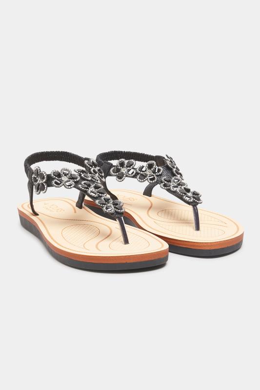 Black Shimmer Diamante Flower Sandals In Wide E Fit & Extra Wide Fit | Yours Clothing 2