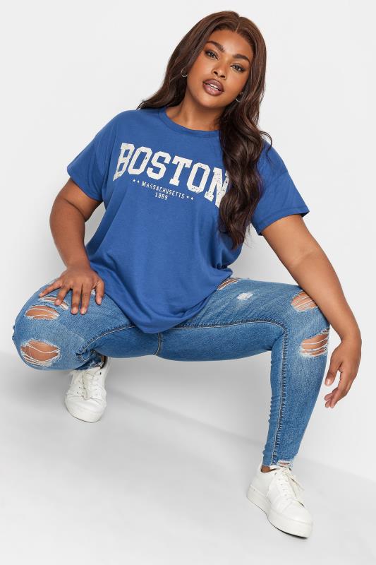 YOURS Plus Size Cobalt Blue 'Boston' Slogan T-Shirt | Yours Clothing 3