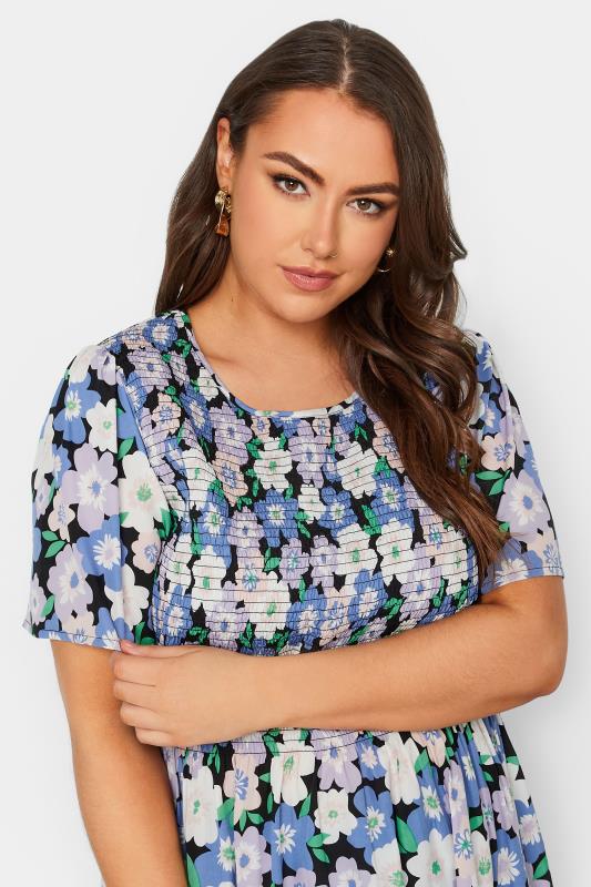 YOURS Plus Size Blue Floral Print Shirred Top | Yours Clothing 4