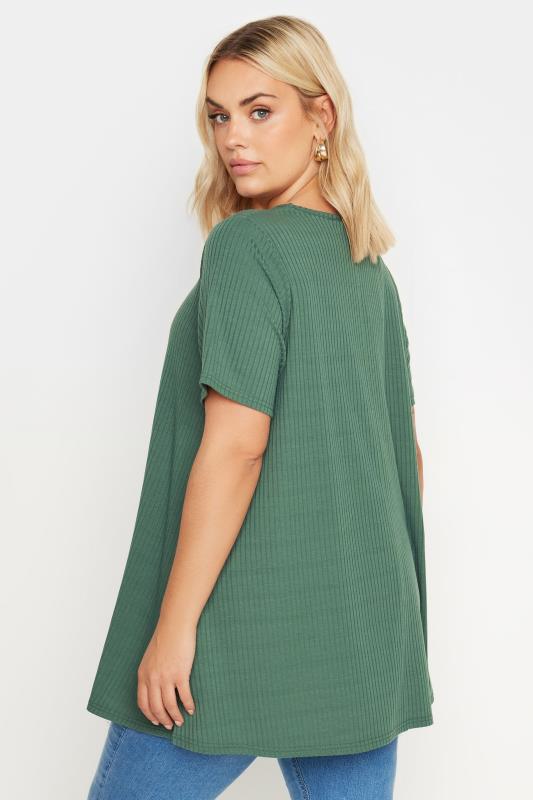 YOURS Plus Size Green Button Front Ribbed T-Shirt | Yours Clothing 3
