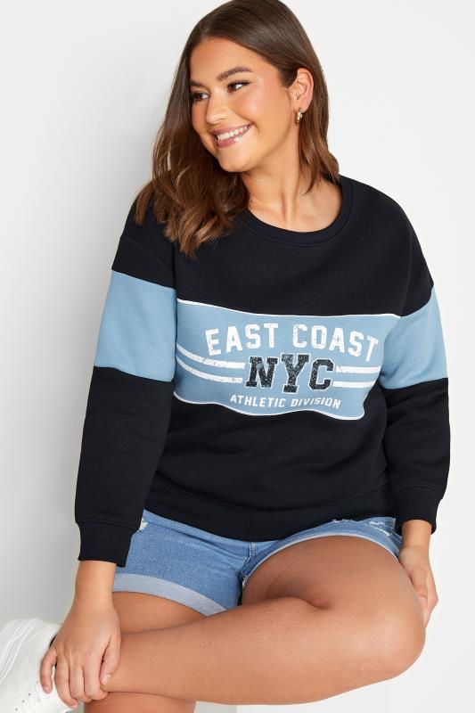 YOURS Curve Navy Blue 'NYC' Slogan Colour Block Sweatshirt | Yours Clothing  4