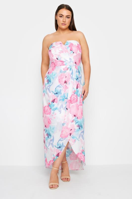 Evans Pink & Blue Strapless Floral Dress 1