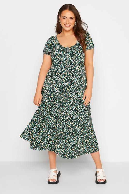 Curve Black & Green Floral Ruched Midaxi Dress 1