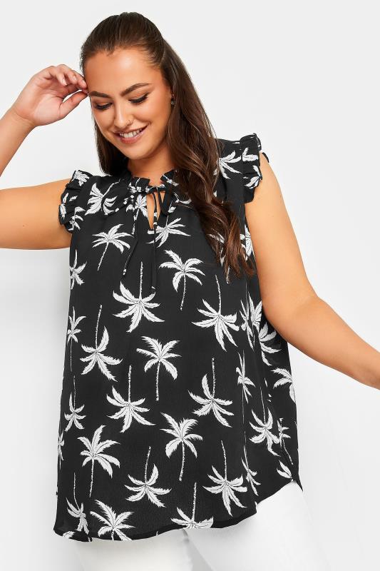 YOURS Curve Plus Size Black Palm Tree Print Frill Blouse | Yours Clothing  1