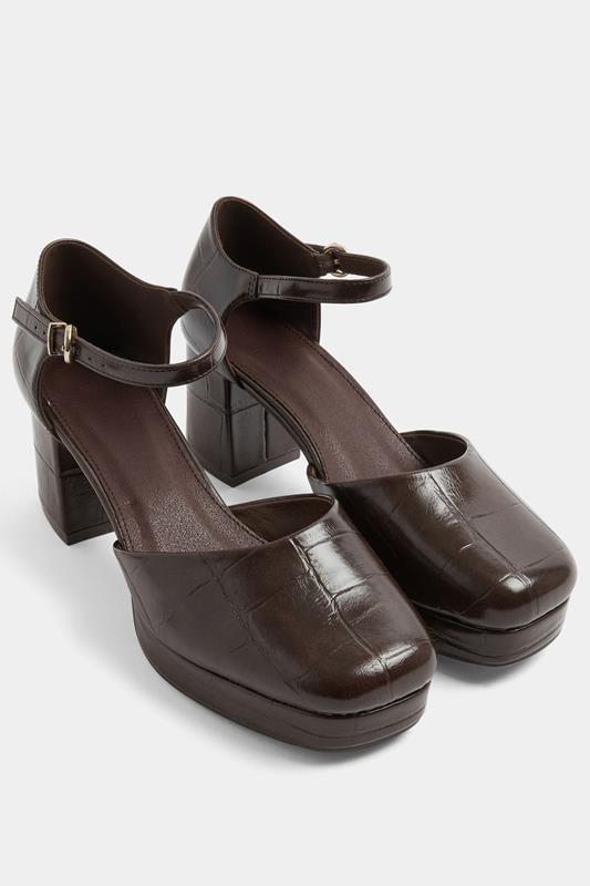  Brown Croc Faux Leather Platform Block Heels In Extra Wide EEE Fit