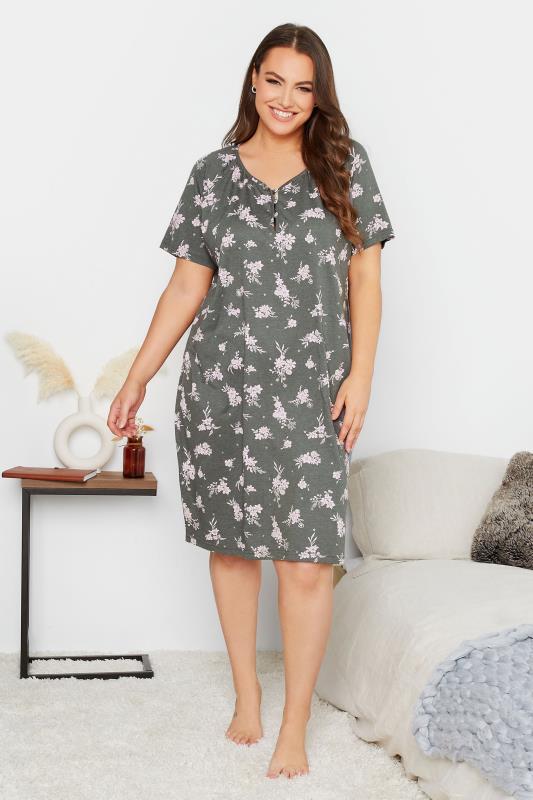 Plus Size Grey Floral Print Placket Nightdress | Yours Clothing  2