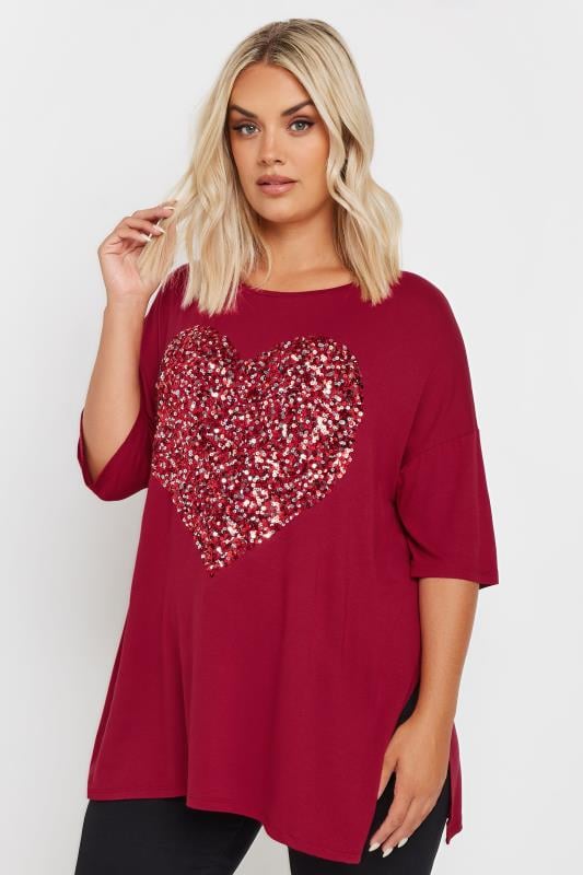  Grande Taille YOURS Curve Red Heart Sequin Embellished T-Shirt