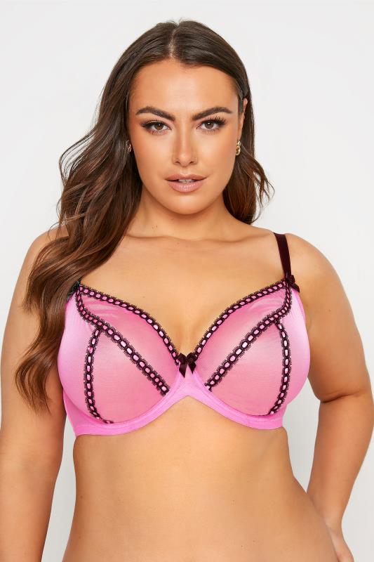 Plus Size Pink Ribbon Non-Padded Underwired Plunge Bra | Yours Clothing  1