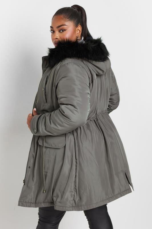 YOURS Plus Size Charcoal Grey Faux Fur Trim Plush Parka Jacket | Yours Clothing 4