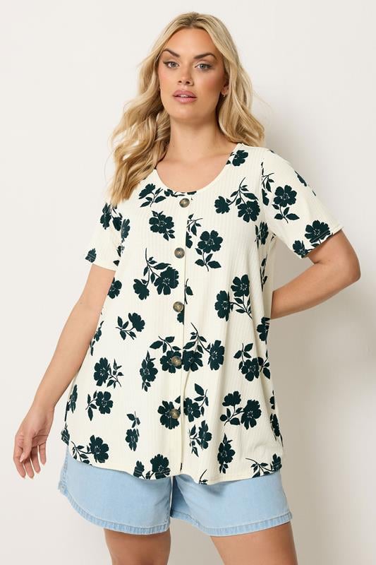  YOURS top de canalé con vuelo floral crema con botones en la parte delantera