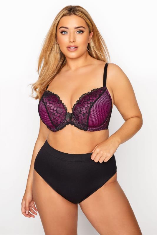 Plus Size Purple Lace Trim Padded Underwired Plunge Bra | Yours Clothing 2