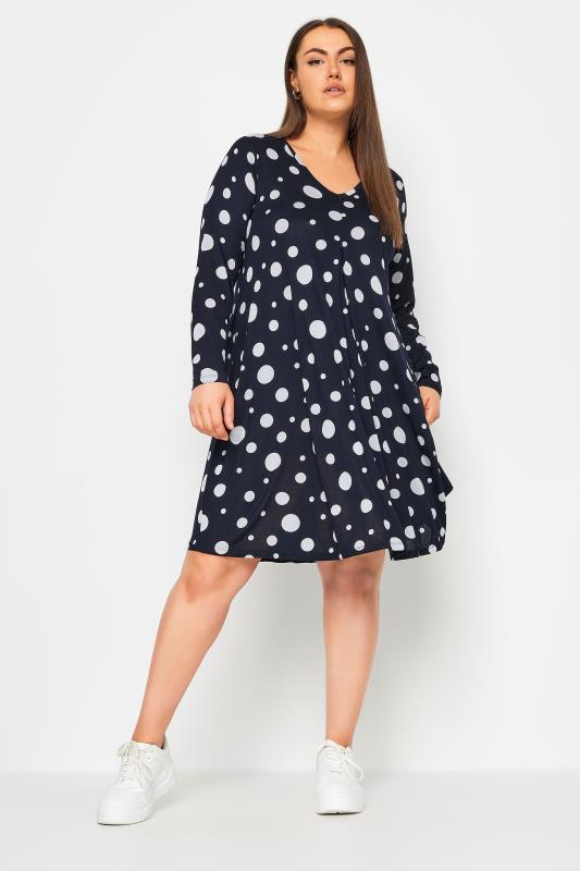 YOURS Plus Size Blue Polka Dot Print Mini Dress | Yours Clothing 2