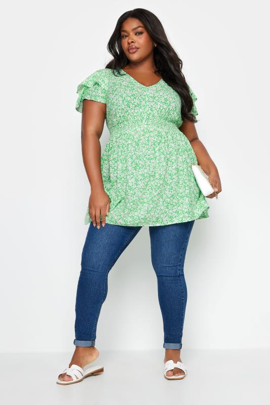 YOURS Plus Size Green Ditsy Print Flutter Sleeve Peplum Top | Yours Clothing 2