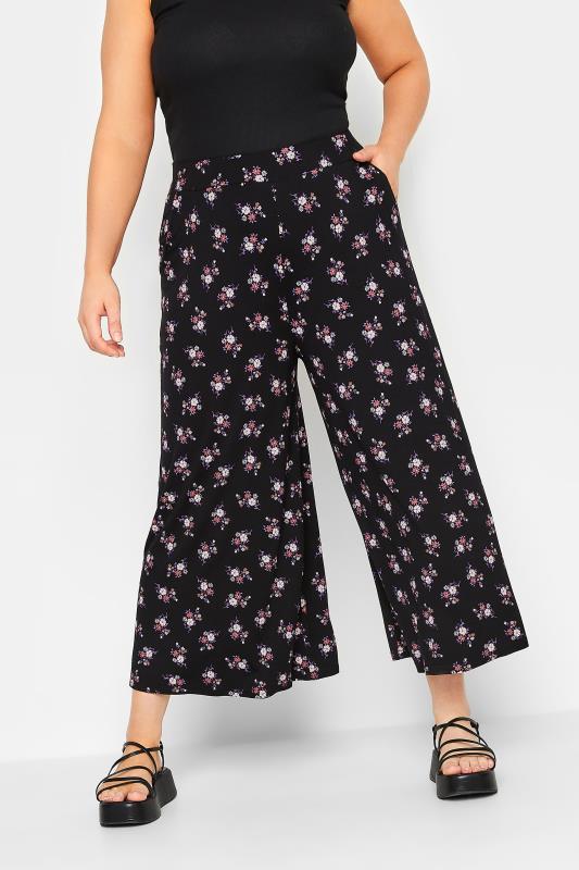 YOURS Curve Black & Pink Floral Midaxi Culottes | Yours Clothing 1