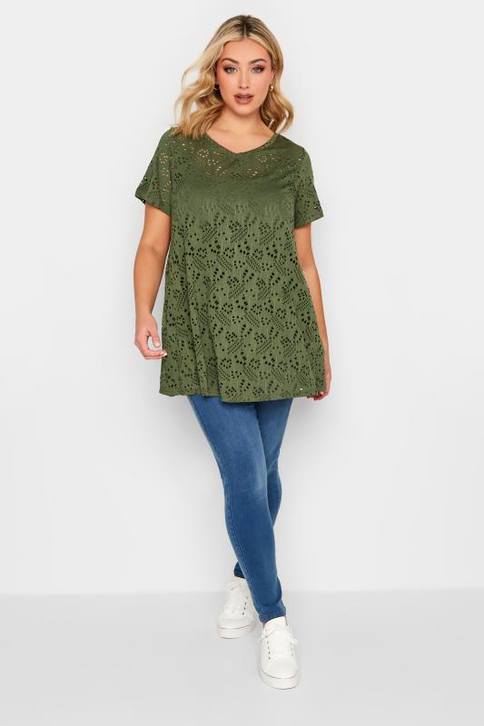 YOURS Curve Plus Size Khaki Green Broderie Anglaise Swing V-Neck T-Shirt | Yours Clothing  2