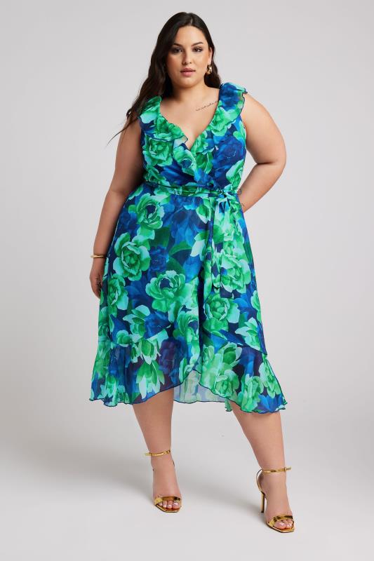 YOURS LONDON Plus Size Green Floral Print Ruffle Wrap Dress | Yours Clothing 4
