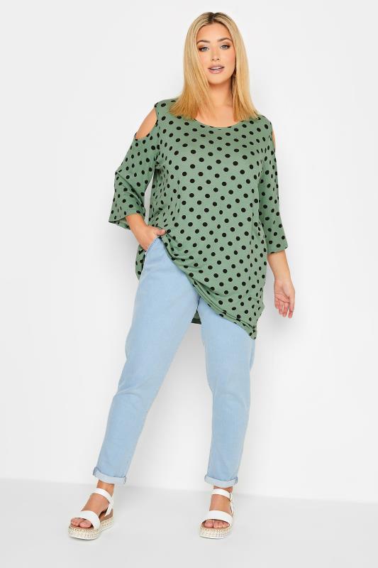 Plus Size Green Spot Print Cold Shoulder Top | Yours Clothing 2