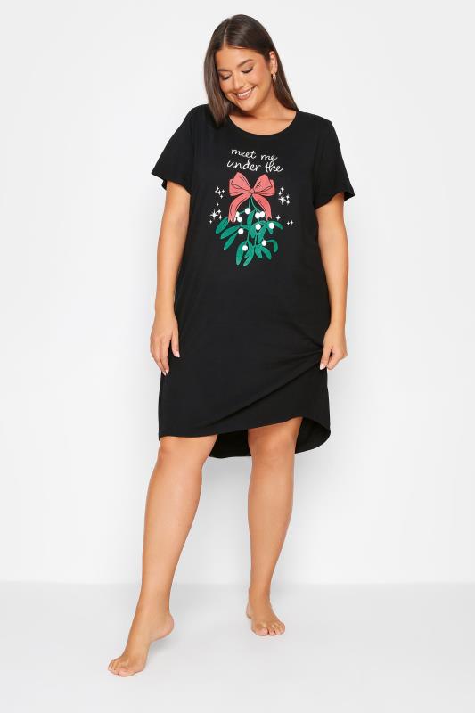 YOURS Plus Size Black 'Meet Me Under The Mistletoe' Slogan Christmas Nightdress | Yours Clothing 4