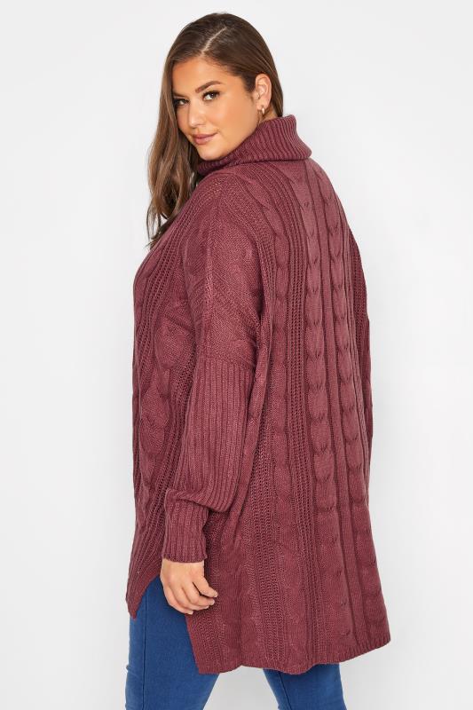 Curve Burgundy Red Cable Knit Roll Neck Jumper 3