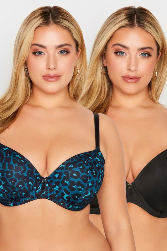 2 PACK Blue & Black Leopard Print Wired T-Shirt Bras | Yours Clothing 1